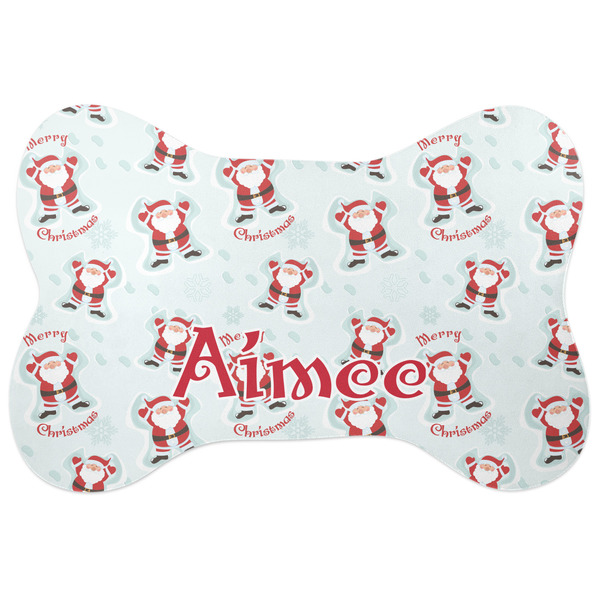 Custom Santa Clause Making Snow Angels Bone Shaped Dog Food Mat (Large) (Personalized)