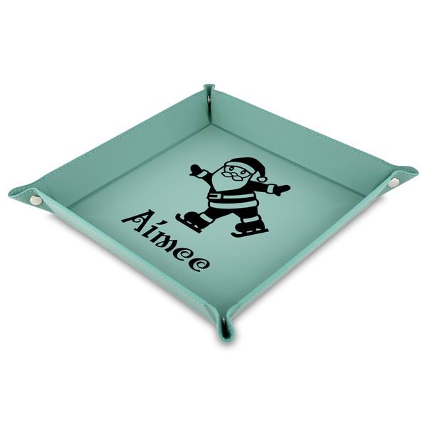 Custom Santa Clause Making Snow Angels Faux Leather Dice Tray - 9" x 9"  - Teal (Personalized)