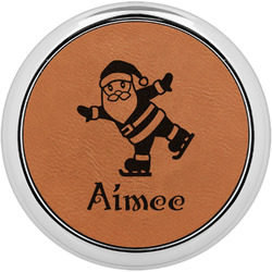 Santa Clause Making Snow Angels Leatherette Round Coaster w/ Silver Edge - Single or Set (Personalized)