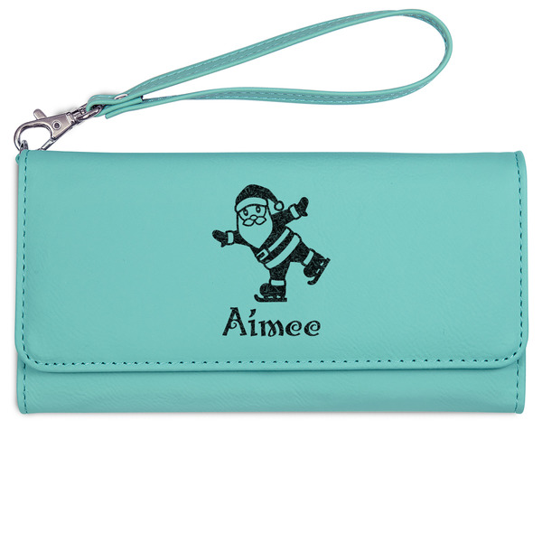 Custom Santa Clause Making Snow Angels Ladies Leatherette Wallet - Laser Engraved- Teal (Personalized)