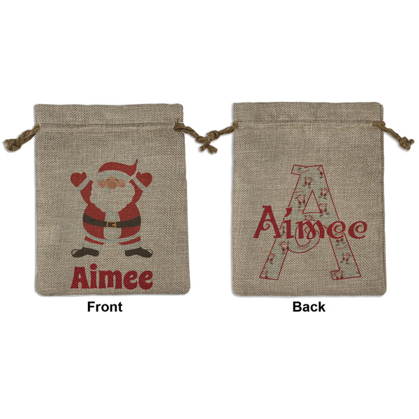 Custom Santa Clause Making Snow Angels Medium Burlap Gift Bag - Front & Back (Personalized)