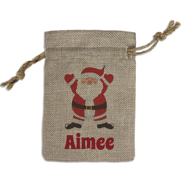 Custom Santa Clause Making Snow Angels Small Burlap Gift Bag - Front (Personalized)