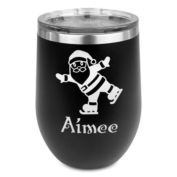Custom Santa Clause Making Snow Angels Stemless Stainless Steel Wine Tumbler - Black - Single Sided (Personalized)