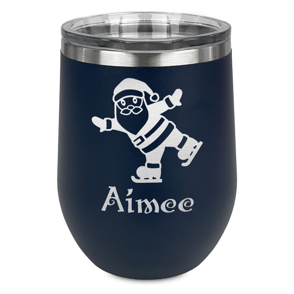 Custom Santa Clause Making Snow Angels Stemless Stainless Steel Wine Tumbler - Navy - Double Sided (Personalized)