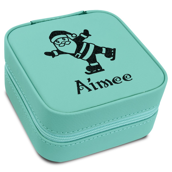 Custom Santa Clause Making Snow Angels Travel Jewelry Box - Teal Leather (Personalized)