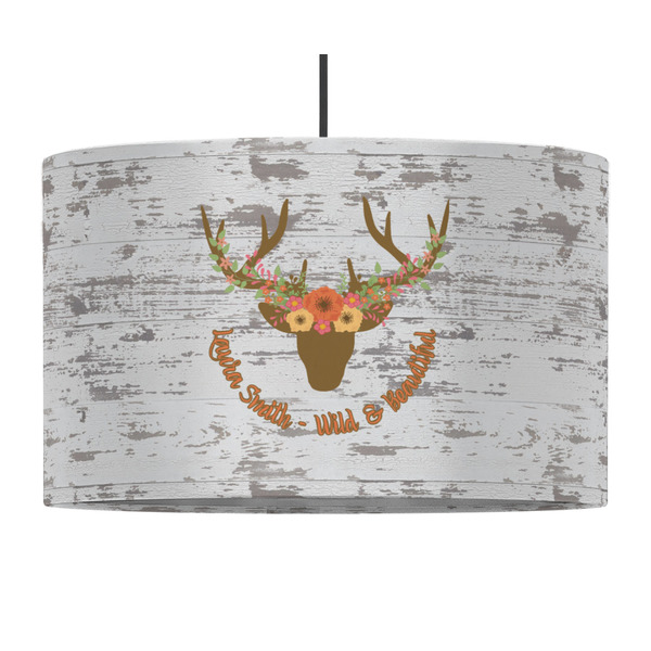 Custom Floral Antler 12" Drum Pendant Lamp - Fabric (Personalized)