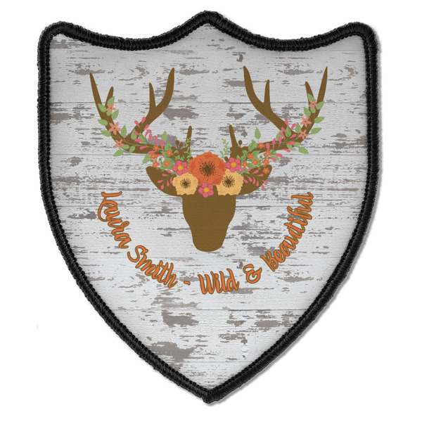 Custom Floral Antler Iron On Shield Patch B w/ Name or Text