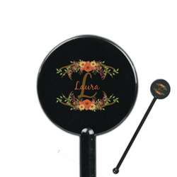 Floral Antler 5.5" Round Plastic Stir Sticks - Black - Single Sided (Personalized)