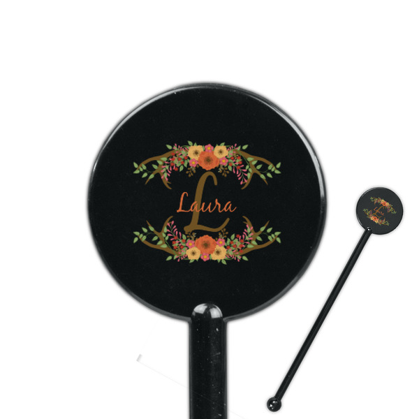 Custom Floral Antler 5.5" Round Plastic Stir Sticks - Black - Double Sided (Personalized)