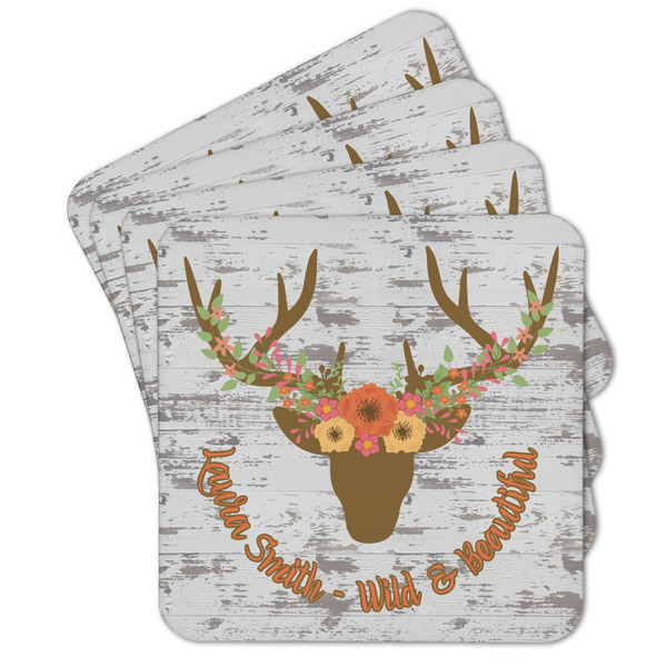 Custom Floral Antler Cork Coaster - Set of 4 w/ Name or Text