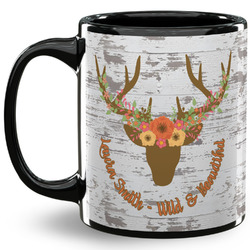 Floral Antler 11 Oz Coffee Mug - Black (Personalized)