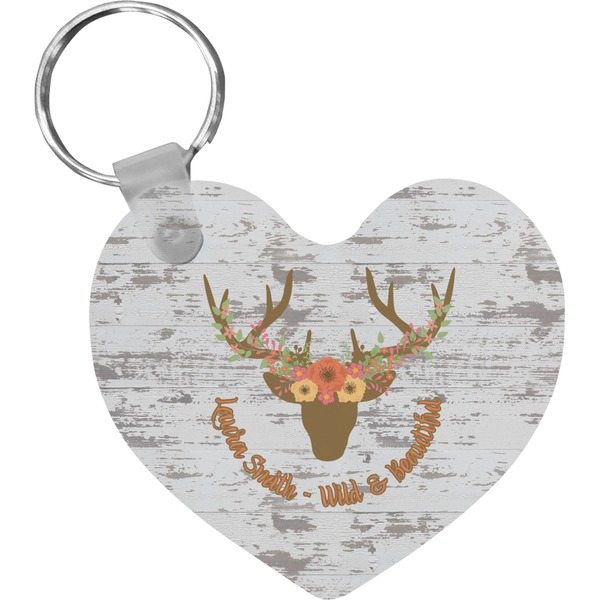 Custom Floral Antler Heart Plastic Keychain w/ Name or Text