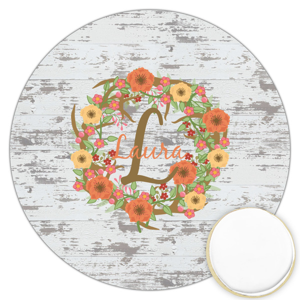 Custom Floral Antler Printed Cookie Topper - 3.25" (Personalized)