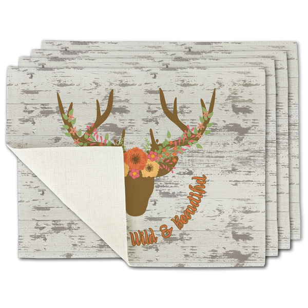 Custom Floral Antler Single-Sided Linen Placemat - Set of 4 w/ Name or Text