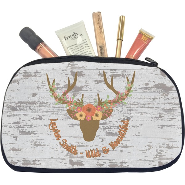 Custom Floral Antler Makeup / Cosmetic Bag - Medium (Personalized)