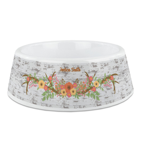 Custom Floral Antler Plastic Dog Bowl - Medium (Personalized)