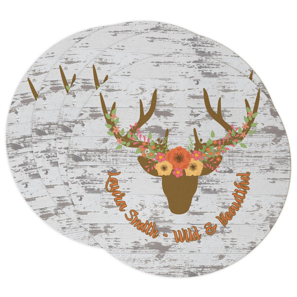 Custom Floral Antler Round Paper Coasters w/ Name or Text