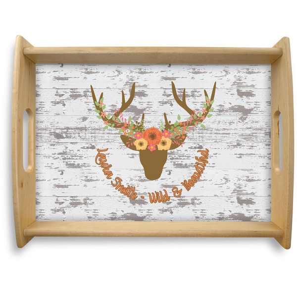 Custom Floral Antler Natural Wooden Tray - Large (Personalized)