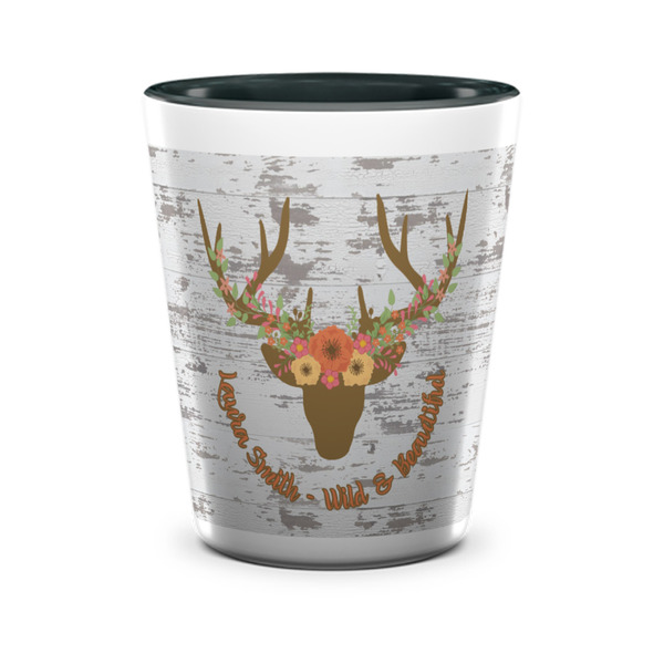 Custom Floral Antler Ceramic Shot Glass - 1.5 oz - Two Tone - Single (Personalized)