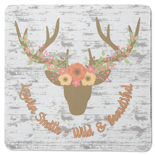 Custom Floral Antler Square Rubber Backed Coaster (Personalized)