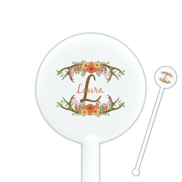 Custom Floral Antler 5.5" Round Plastic Stir Sticks - White - Single Sided (Personalized)