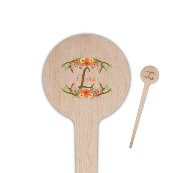 Custom Floral Antler 4" Round Wooden Food Picks - Double Sided (Personalized)