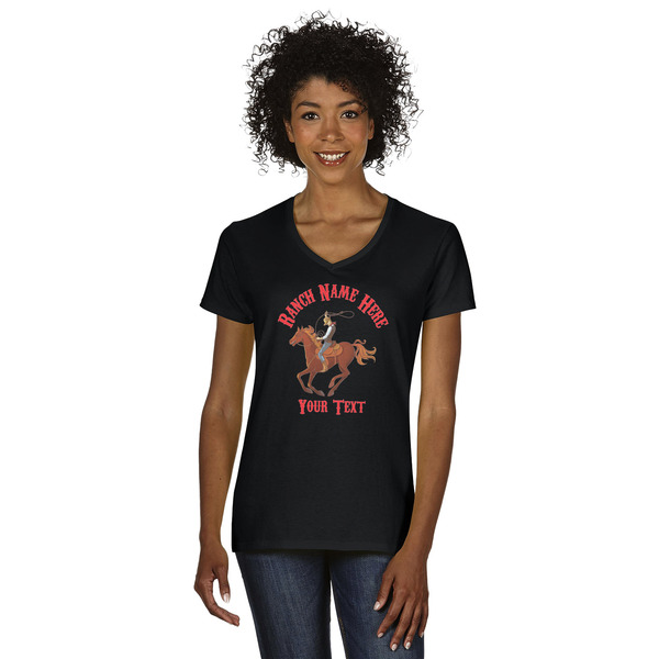 Custom Western Ranch Women's V-Neck T-Shirt - Black - Small (Personalized)