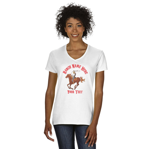 Custom Western Ranch Women's V-Neck T-Shirt - White - 2XL (Personalized)