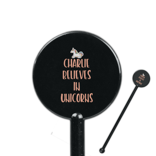 Custom Unicorns 5.5" Round Plastic Stir Sticks - Black - Double Sided (Personalized)