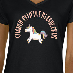 Unicorns Women's V-Neck T-Shirt - Black - Small (Personalized)