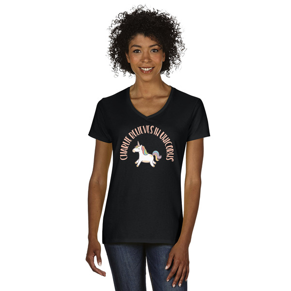 Custom Unicorns Women's V-Neck T-Shirt - Black - XL (Personalized)