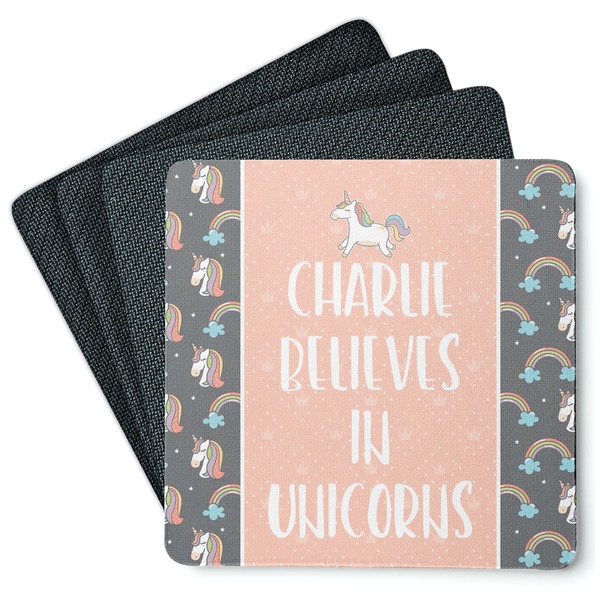 Custom Unicorns Square Rubber Backed Coasters - Set of 4 (Personalized)