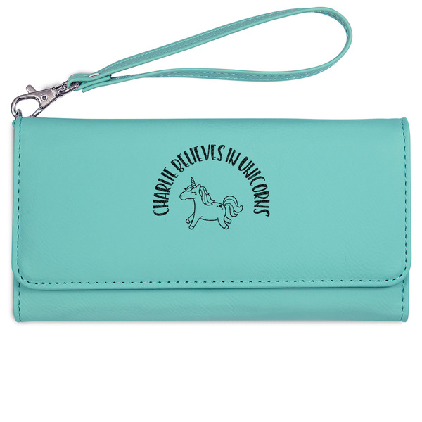 Custom Unicorns Ladies Leatherette Wallet - Laser Engraved- Teal (Personalized)