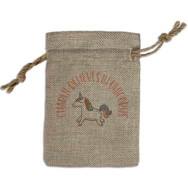 Custom Unicorns Small Burlap Gift Bag - Front (Personalized)