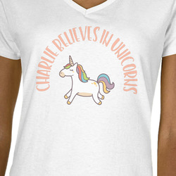 Unicorns Women's V-Neck T-Shirt - White - Small (Personalized)