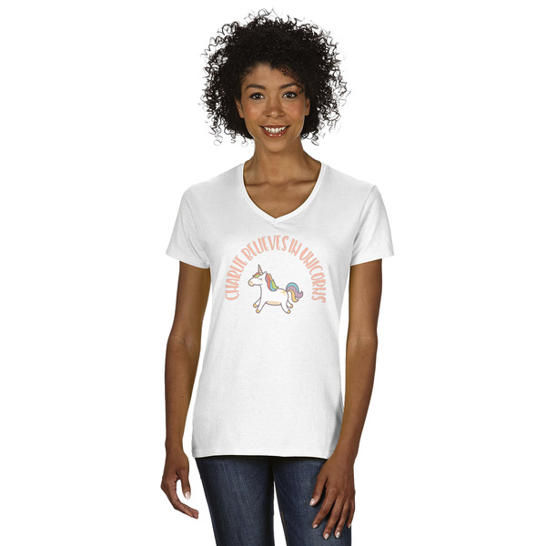 Custom Unicorns Women's V-Neck T-Shirt - White - XL (Personalized)