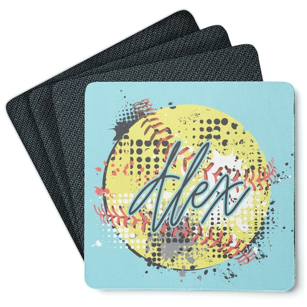 Custom Softball Square Rubber Backed Coasters - Set of 4 (Personalized)