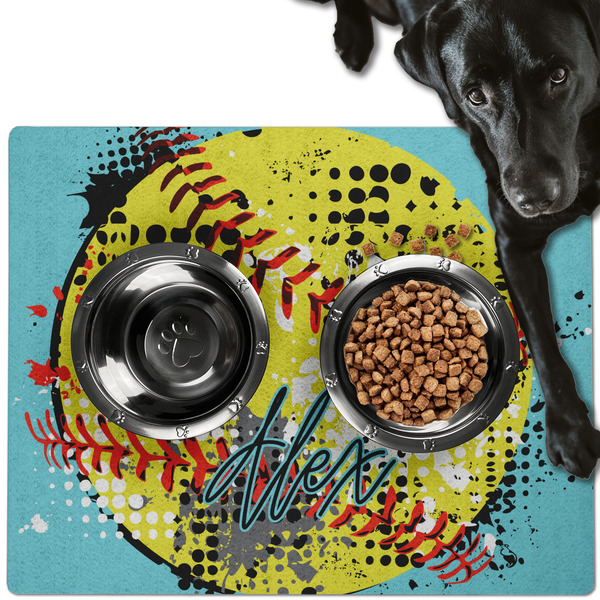 Custom Softball Dog Food Mat - Large w/ Name or Text