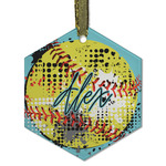 Softball Flat Glass Ornament - Hexagon w/ Name or Text