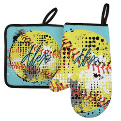 Softball Left Oven Mitt & Pot Holder Set w/ Name or Text