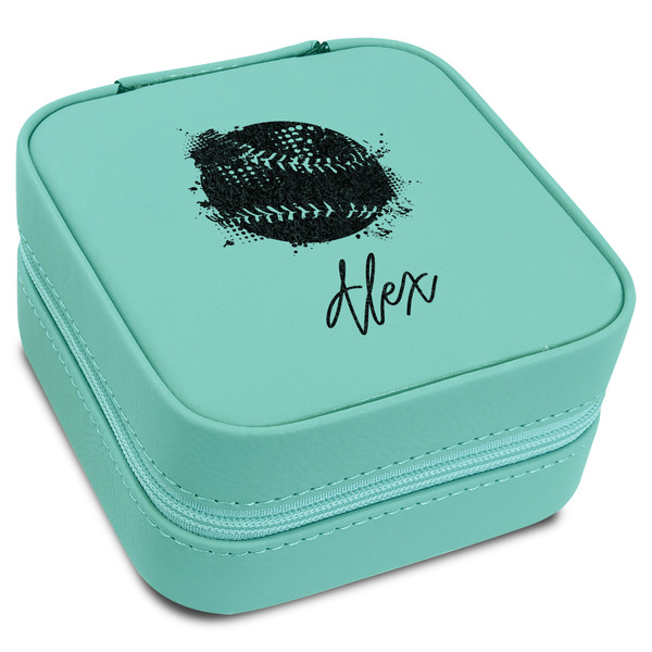 Custom Softball Travel Jewelry Box - Teal Leather (Personalized)