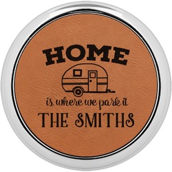 Camper Set of 4 Leatherette Round Coasters w/ Silver Edge (Personalized)