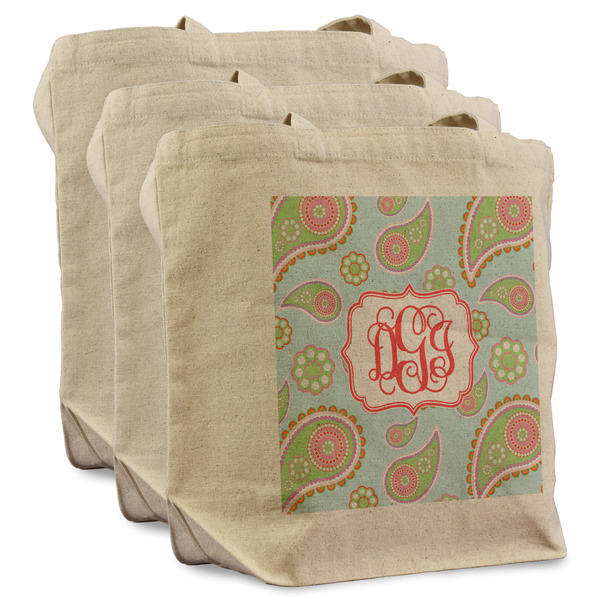 Custom Blue Paisley Reusable Cotton Grocery Bags - Set of 3 (Personalized)