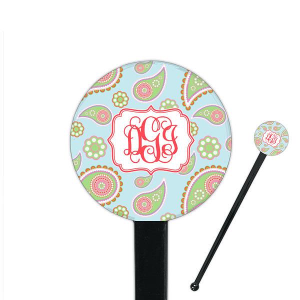 Custom Blue Paisley 7" Round Plastic Stir Sticks - Black - Double Sided (Personalized)