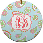 Blue Paisley Round Ceramic Ornament w/ Monogram