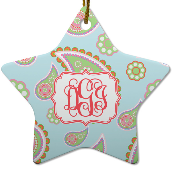 Custom Blue Paisley Star Ceramic Ornament w/ Monogram