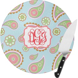 Blue Paisley Round Glass Cutting Board - Medium (Personalized)