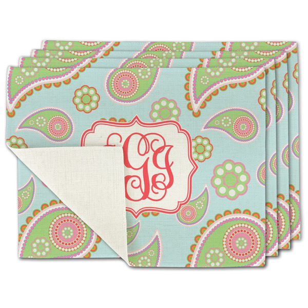 Custom Blue Paisley Single-Sided Linen Placemat - Set of 4 w/ Monogram