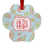 Blue Paisley Metal Paw Ornament - Double Sided w/ Monogram