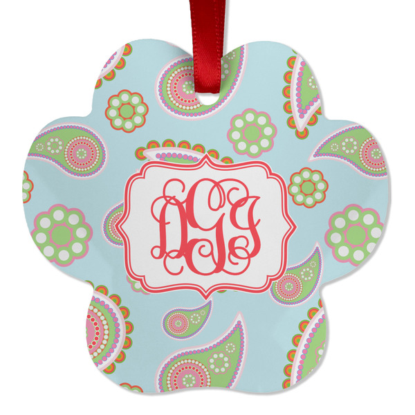 Custom Blue Paisley Metal Paw Ornament - Double Sided w/ Monogram